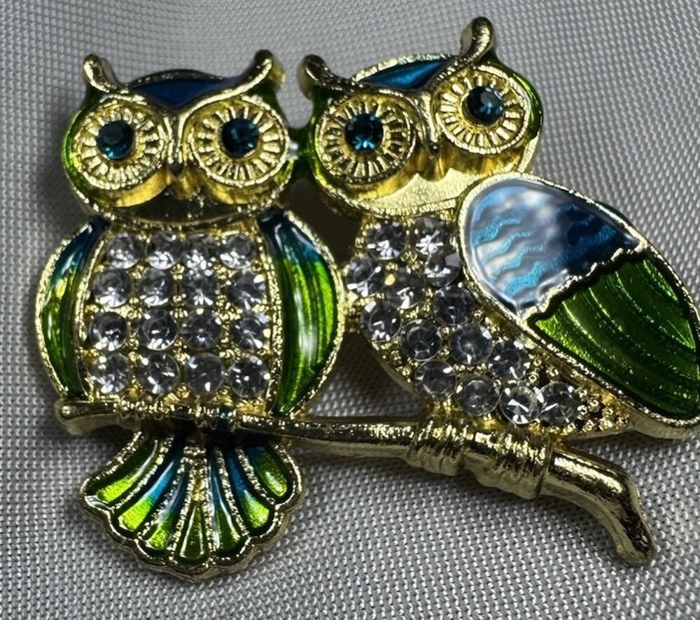 Double Owl Brooch Blue Green Enamel Rhinestone Gold Tone Birds on Branch Pin